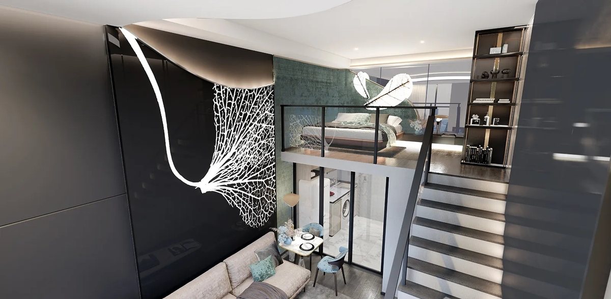 Rendering of a loft interior with a mezzanine bedroom